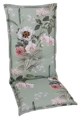 A high-back chair cushion with a floral pattern.