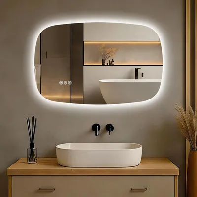 Zdjęcie produktu dla S'AFIELINA 70×45 cm lustro ścienne LED - lustro łazienkowe z oświetleniem, szkło HD, ściemniane, 3-kolorowe LED, przeciwmgielne, do zawieszenia poziomo i pionowo