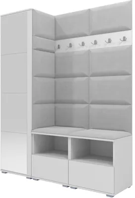 Produktbild von Garderoben-Set Nela II mit Spiegel, Polstergarderobe mit zwei Schuhschränke und Wandpaneele, Flurgarderobe mit Hochschrank (Farbe: Weiß + Trinity 32 (Hellgrau))