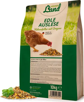 Produktbild von HÜHNER Land Hühnerfutter Edle Auslese mit Oregano 10kg – Hühner Alleinfutter, Ausgewogen & natürlich mit Calcium & Mineralstoffen ohne Gentechnik, Körnerfutter für Geflügel ohne Zusätze