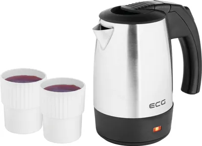 A travel kettle and two cups are displayed against a white background.