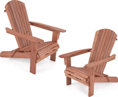Two wooden Adirondack chairs are shown against a white background.