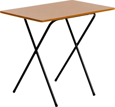 A folding desk with a brown wooden top and black metal legs, isolated on a white background.