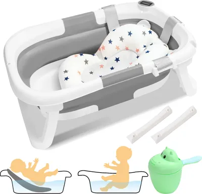 Image de Bettizia Baignoire Bébé Pliable avec Thermomètre et Coussin de Bain - Baignoire Bébé Pliable 60.5 cm - Gris