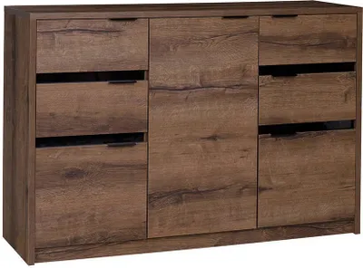 A wooden dresser with multiple drawers and doors.