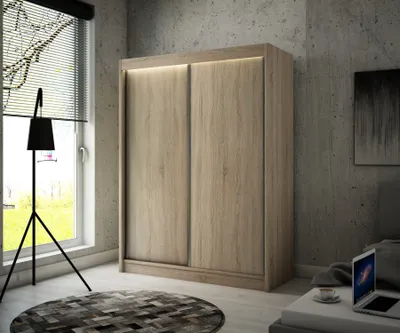 Produktbild von ALTDECOR Kleiderschrank mit furnierten Schiebetüren, kugelgelagerte Führungsschienen und Aluminium-Leisten 150 cm Sonoma Eiche