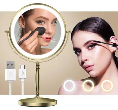 Make-up-Spiegel 20 cm, LED, 1X/10X, wiederaufladbar, Gold