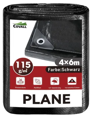 Zdjęcie produktu dla Plastikowa folia ochronna, 4x6 metrów, czarna, 115 g/m², wodoodporna, odporna na promieniowanie UV, odporna na rozdarcia, z oczkami