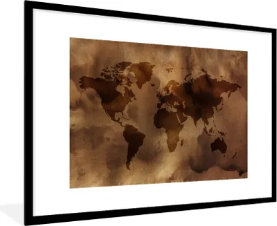 Produktbild von MuchoWow® MuchoWow® Gerahmtes Poster Weltkarte - Braun - Muster 90x60 cm - Poster mit zchwarzem Bilderrahmen - Wanddekoration - Fotos