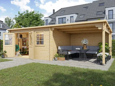 Produktbild von Gartenhaus Blockbohlenhaus CA2987 28 mm naturbelassen mit 3 m Anbau