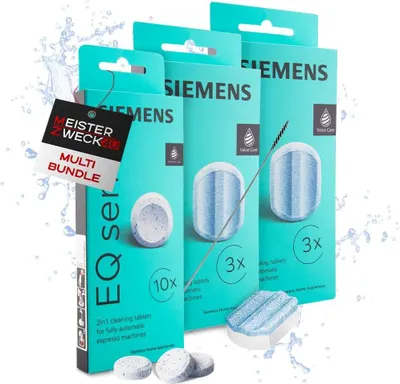 Produktbild von MEISTERZWECK4U - Siemens 10x Reinigungstabletten & 6x Entkalkungstabletten für EQ Series Kaffeevollautomaten inklusive Reinigungsbürste - Reinigung & Kalkentfernung für Kaffeeautomat