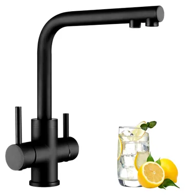 Produktbild von 3-Wege Wasserhahn Küche Schwarz, 360° drehbare Küchenarmatur, 3-in-1 Mischbatterie für Wasserfilter, Trinkwasserhahn mit 2 Hebeln, matte schwarze Ausführung