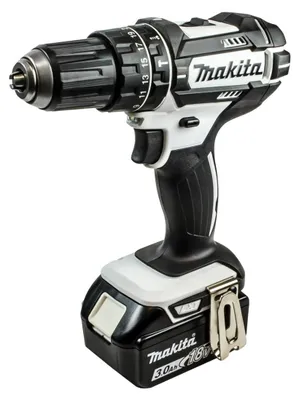 Produktbild von Makita Akku-Schlagbohrschrauber 18V / 3,0 Ah, 2 Akkus + Ladegerät im MAKPAC mit weißer Gehäusefarbe
