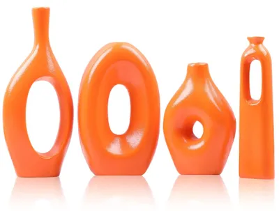 Zdjęcie produktu dla Zestaw czterech ceramicznych wazonów w kolorze pomarańczowym, idealnych do kwiatów