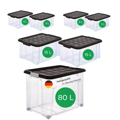 Produktbild von Novaliv 7 tlg Sparset Aufbewahrungsboxen mit Deckel Anthrazit 1x80 L + 2x 15L + 4x 5L Nestbar stapelbar Clipverschluss Rollboxen BPA-frei