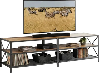 Produktbild von Relaxdays TV-Lowboard, 4 Fächer, offenes TV-Regal bis 75 Zoll, Fernsehtisch, HxBxT: 52 x 180 x 39 cm, braun/schwarz