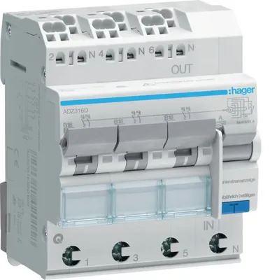 Immagine prodotto di Hager ADZ316D Interruttore differenziale trifase a 3 poli 16 A 0,03 A 230 V (ADZ316D)