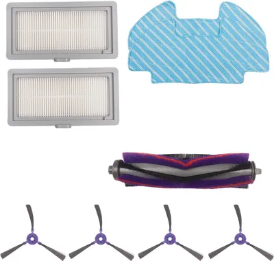 A collection of robot vacuum cleaner accessories laid out on a white background.