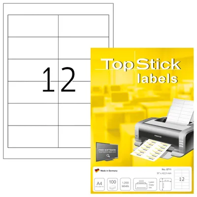 Imagen del producto de Etiquetas adhesivas de papel blanco, tamaño 96,5 x 42,3 mm, 100 hojas = 1200 etiquetas. Paquete de 10 unidades