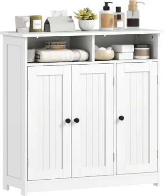 Image de Armoire de salle de bain - Armoire de rangement étroite - 3 portes - 2 compartiments ouverts - Étagère réglable - Dimensions 85 × 30 × 85 cm - Bois - Blanc