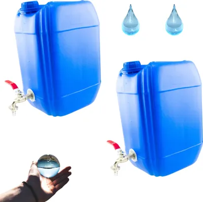 Produktbild von Wasserkanister 10l aus Kunststoff Blau Set 2 Stück, Wasserbehälter mit Hahn Campingkanister Trinkwasserkanister für Haus Garten Auto Camping, Griff
