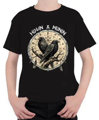Produktbild von Wikinger Raben Odin Huginn Muninn Vegvisir Nordische Mythologie Kinder T-Shirt, Schwarz, 104