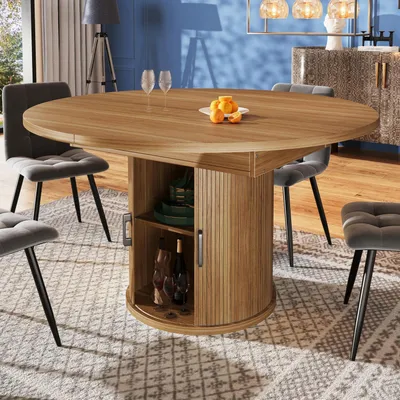 Immagine prodotto di Tavolo da pranzo rotondo allungabile con spazio contenitivo, tavolo da cucina per un massimo di 6 persone, in noce