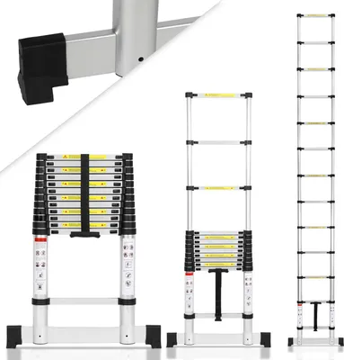 Produktbild von Faziango Profi Teleskopleiter 5M Aluminium 150kg Tragkraft Mehrzweckleiter rutschfeste Gummifüße mit Stabilisator