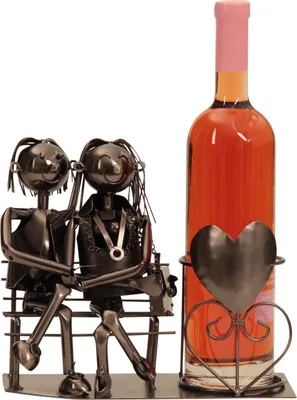 Produktbild von Moderner Wein Flaschenhalter Flaschenständer Paar auf Bank aus Metall in silber Höhe 22 cm Breite 25cm