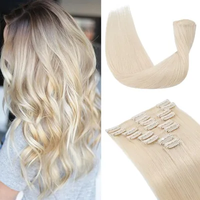 Produktbild von Clip in Extensions Echthaar 8 Tressen 65g 40 cm Platinblond Remy 18 Clips
