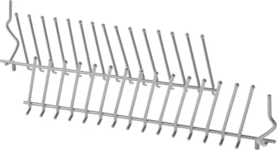 A silver-colored metal dish rack is shown against a white background.