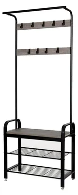 Produktbild von Garderobenständer im Vintage-Stil, Garderobe im Industrial-Design, 2 Gitterablagen, 72 x 34 x 183 cm, Graue Holzmaserung