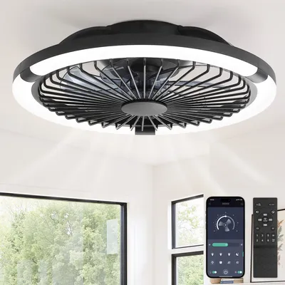 Image de Ventilateur de plafond avec éclairage - 50 cm - Noir - Design moderne - Idéal pour chambre et salon