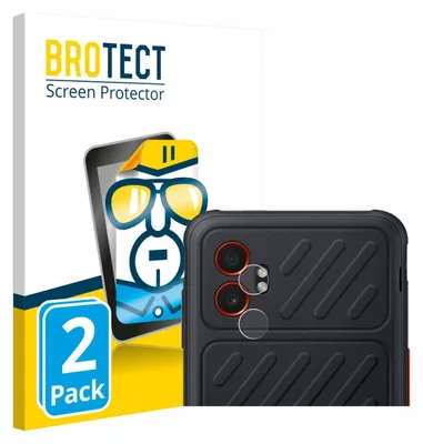 A product package for screen protectors, showing a stylized illustration of a phone with glasses and a close-up of a phone's camera module with protective films applied.