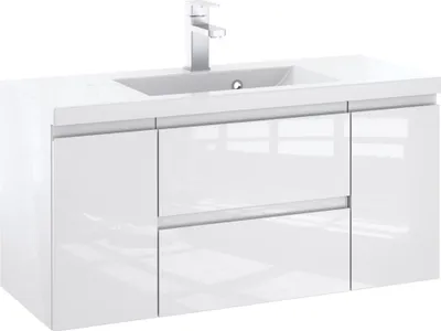 Produktbild von Furni Badunterschrank 100 cm Weiß Hochglanz lackiert – Vormontierter Waschbeckenunterschrank mit Griffmulde, Hängend, 2 Schubladen