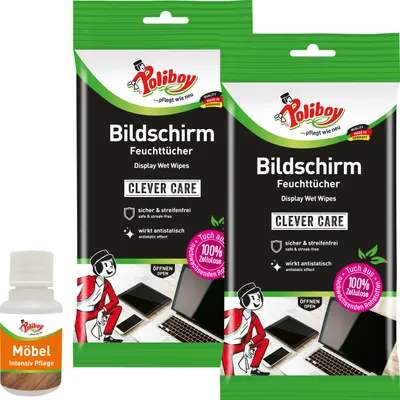 Produktbild von Poliboy Reinigungstücher Bildschirm 2er Set - 2x15 Stück - entfernen Verschmutzungen und Staubablagerungen - Inklusive Möbel Probe