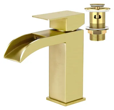 Produktbild von Waschtischarmatur Wasserfall Eckig Einhebelmischer Gold gebürstet mit Pop-Up Ablaufgarnitur