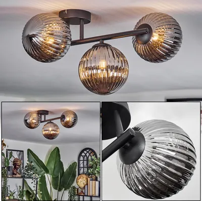 Produktbild von Isorella 3-flammige Deckenlampe aus Metall/Riffelglas in Schwarz/Rauchfarben