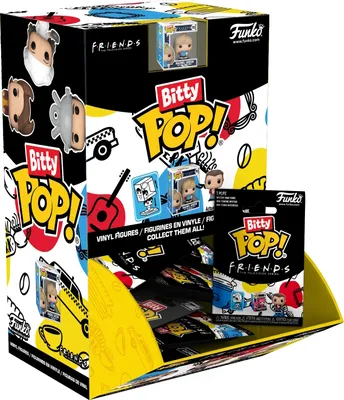 A display box for Funko Bitty Pop! Friends vinyl figures, showing the box art and some individual packaging.