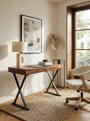 Design Bürotisch 120x55 cm von oben betrachtet, zeigt die großzügige Arbeitsfläche aus Sheesham Holz und die harmonische Integration in einen minimalistischen HomeOffice-Bereich._#sku_SAFWL6.540#