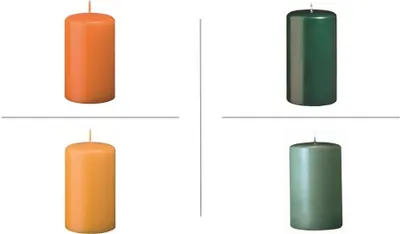 Produktbild von Stumpenkerzen Farbsystem I in der Größe 100/60 mm (H x D), 16 Stück (je 4 Kerzen in der Farbe dunkelgrün - sense - bernstein - mango)