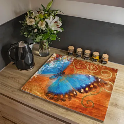 Zdjęcie produktu dla Jednoczęściowa płyta przykrywająca kuchenkę Banjado o wymiarach 60 x 52 cm z gumowymi podkładkami dystansowymi, szkło bezpieczne ESG z motywem motyla [HAP1 10069]
