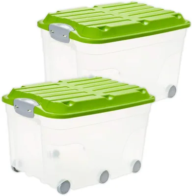 Produktbild von Rotho 2er Set Aufbewahrungsbox mit Rollen 57L Roller 6 - Kunststoffbox je 59,5 x 40,0 x 37,0 cm - Stapelbox mit Deckel - Boxen sicher verschliessbar