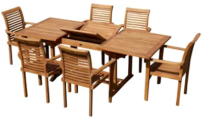 Produktbild von ALEOS. Teak Set: Gartengarnitur SABA Ausziehtisch 150-210 cm x 90 cm + 6 Alpen Sessel Serie JAV