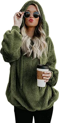 Produktbild von ASKSA Damen Pullover Langarm Winter Hoodie Warm Teddy Fleece Oversize Kapuzenpullover Oberteile Tops, Armeegrün, S