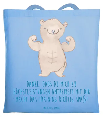 Produktbild von Mr. & Mrs. Panda Shopping Tasche Motivierender Fitness-Trainer - Sky Blue - Geschenk, Freude, Wertschätzung, Aufmerksamkeit, Danke sagen, Bedanken, Jutebeutel, Motivation