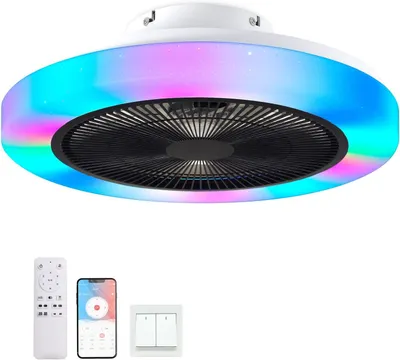 Produktbild von RRBRST RGB Deckenventilator mit Beleuchtung, Dimmbar Deckenleuchte mit Ventilator Leise, RGB Deckenlampe mit Ventilator Fan mit Fernbedienung,6 Windst