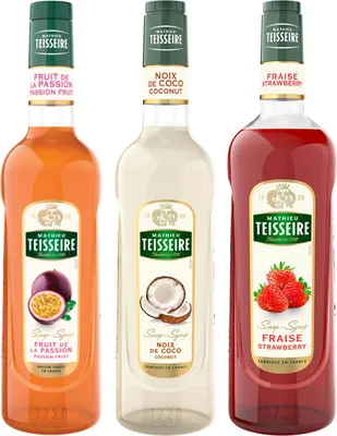 Image de Sirops pour cocktails Teisseire - Fruit de la passion, Noix de coco, Fraise - 1x70cl et 2x1l