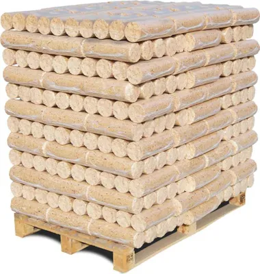 A pallet of wood briquettes wrapped in plastic.