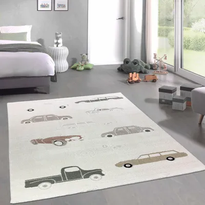 Image de Tapis pour enfants avec effet de hauteur et différentes voitures en beige crème Taille - 140 x 200 cm